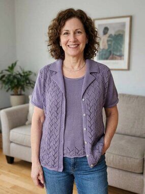 Vintage WE Weekend Edition Sz L-XL Purple Cotton Knit Twinset Sweater Tank Top